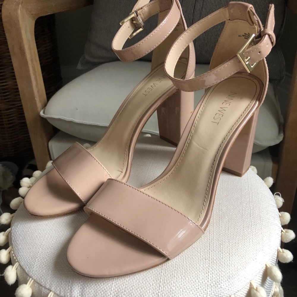 Nine West Nude Strappy Block Heel Pumps SZ 8